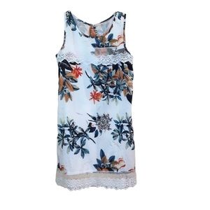M Jaoran White Mulicolor Tropical Print Dress with Lace Trim, Sleeveless, L